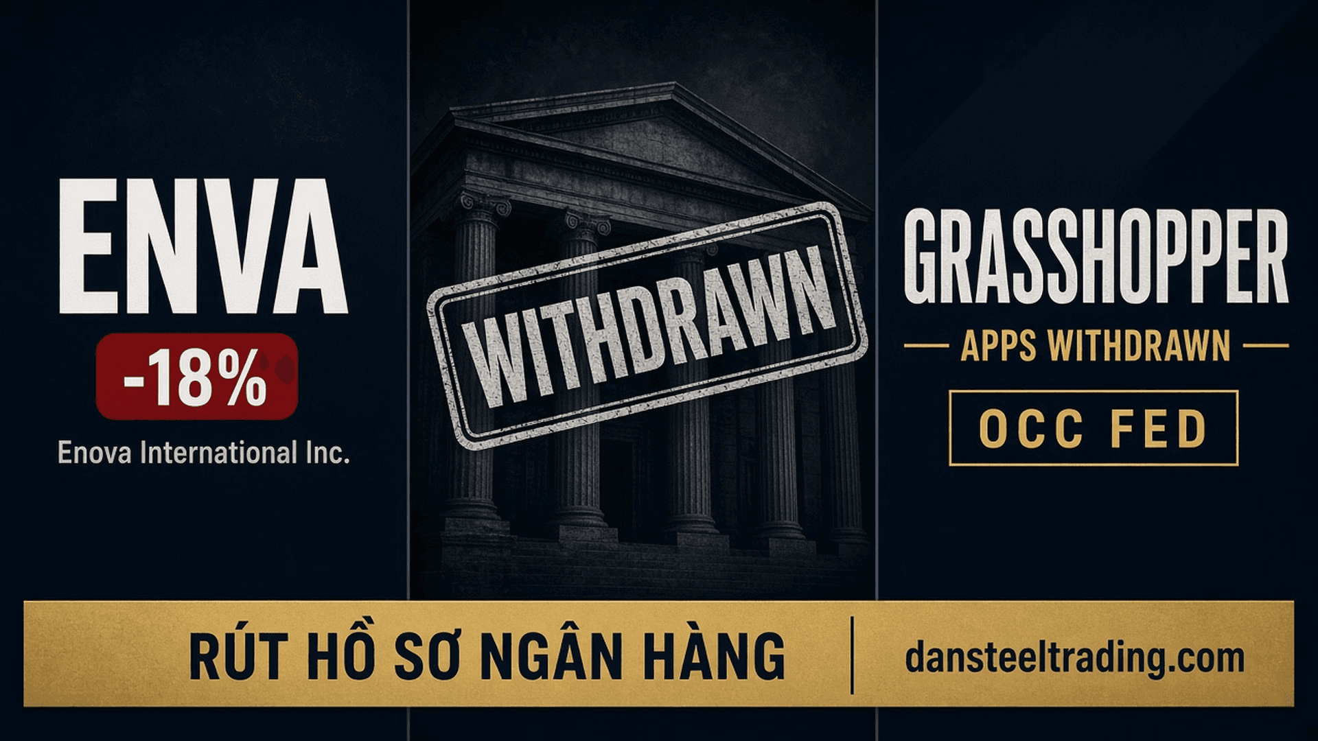 ENVA ≈−25% tiền mặt — rút hồ sơ OCC/Fed với Grasshopper Bancorp